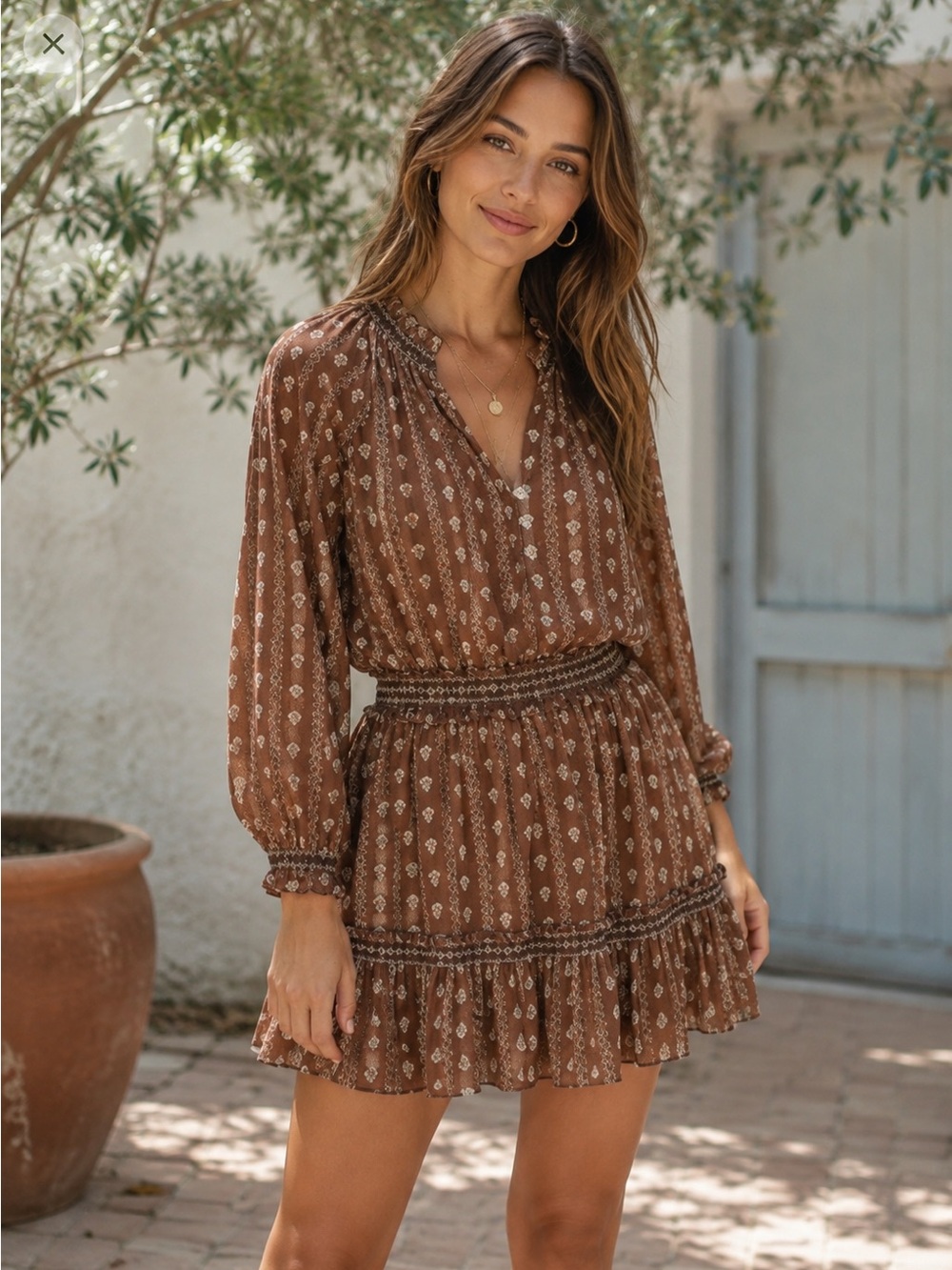 Veronica Beard Brown Espie Floral Long Sleeve Cotton Dress size XS